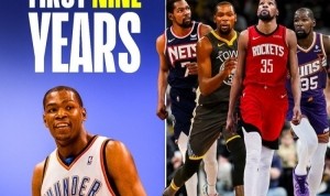 杜兰特生涯前9年效力于雷霆 近9年分别效力勇士篮网太阳火箭